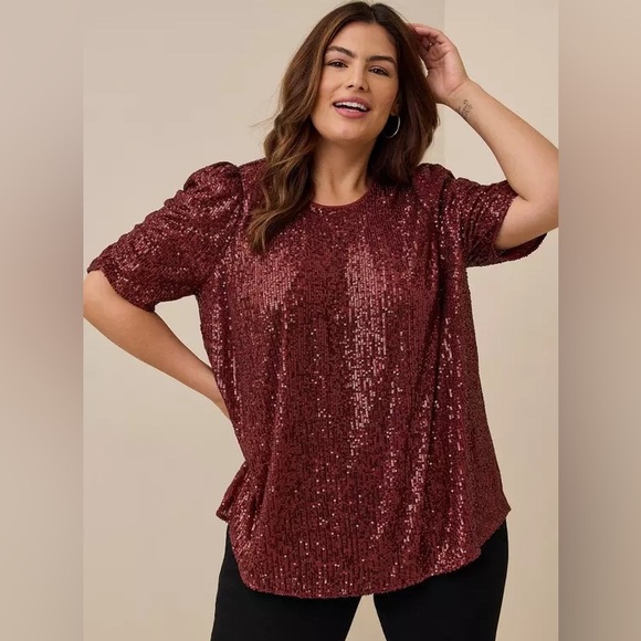 Torrid 2X Brown Sequin Ruched Sleeve Blouse Top - Picture 2 of 12